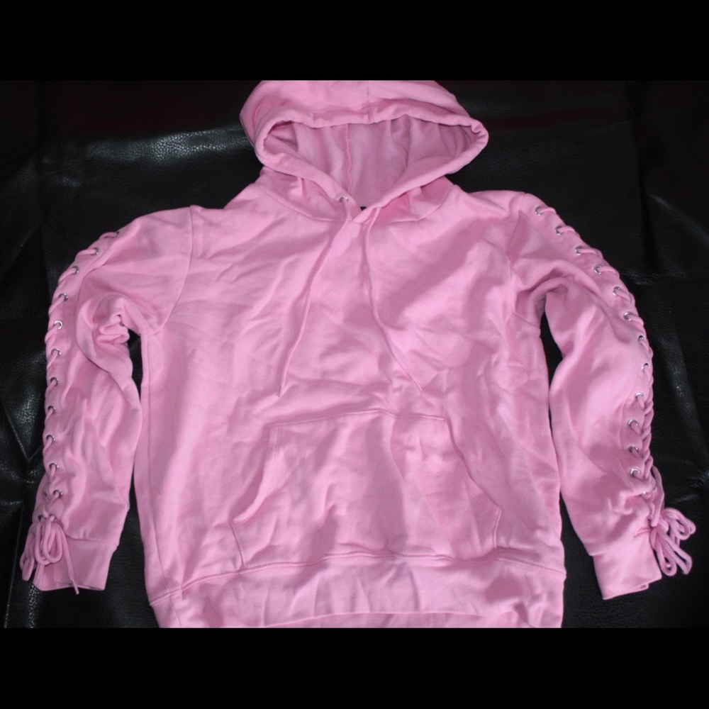 Pink Lace Up Sleeve Hoodie